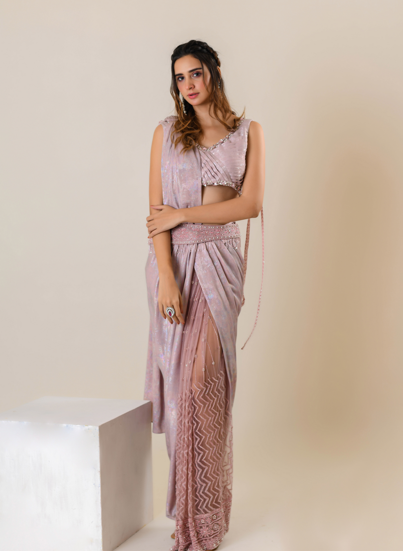 Blush Georgette Draped Sari